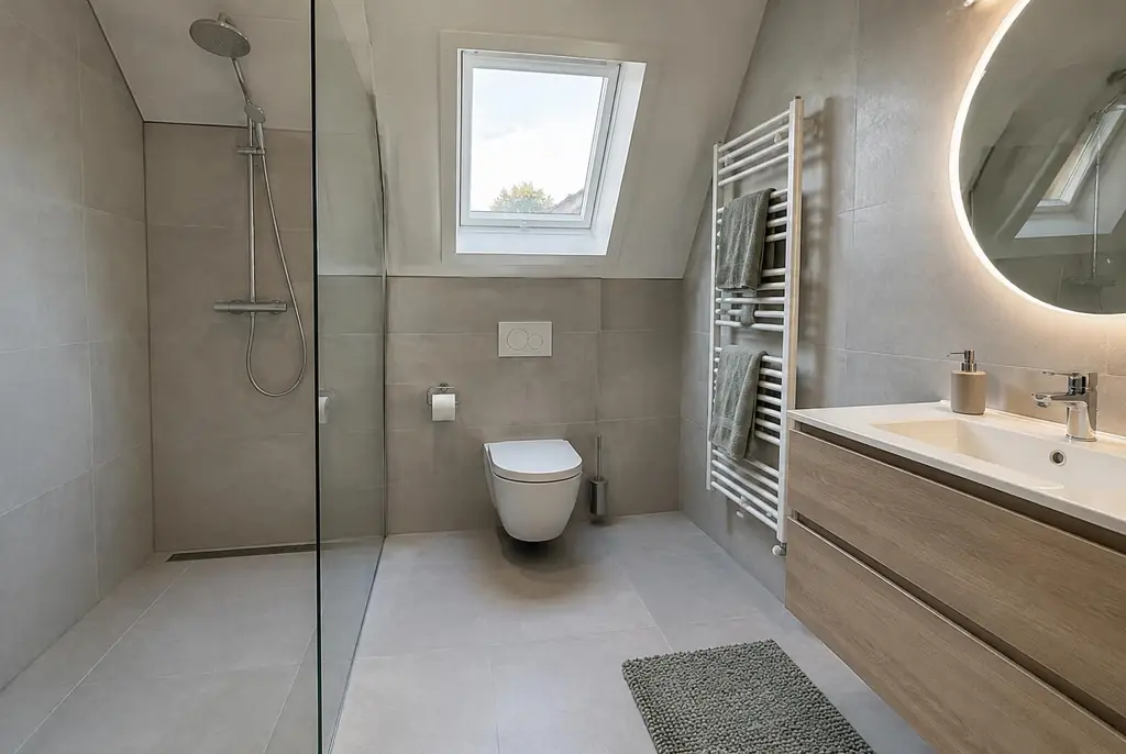 Lekdetectie Houten – droge badkamer met inloopdouche na herstel