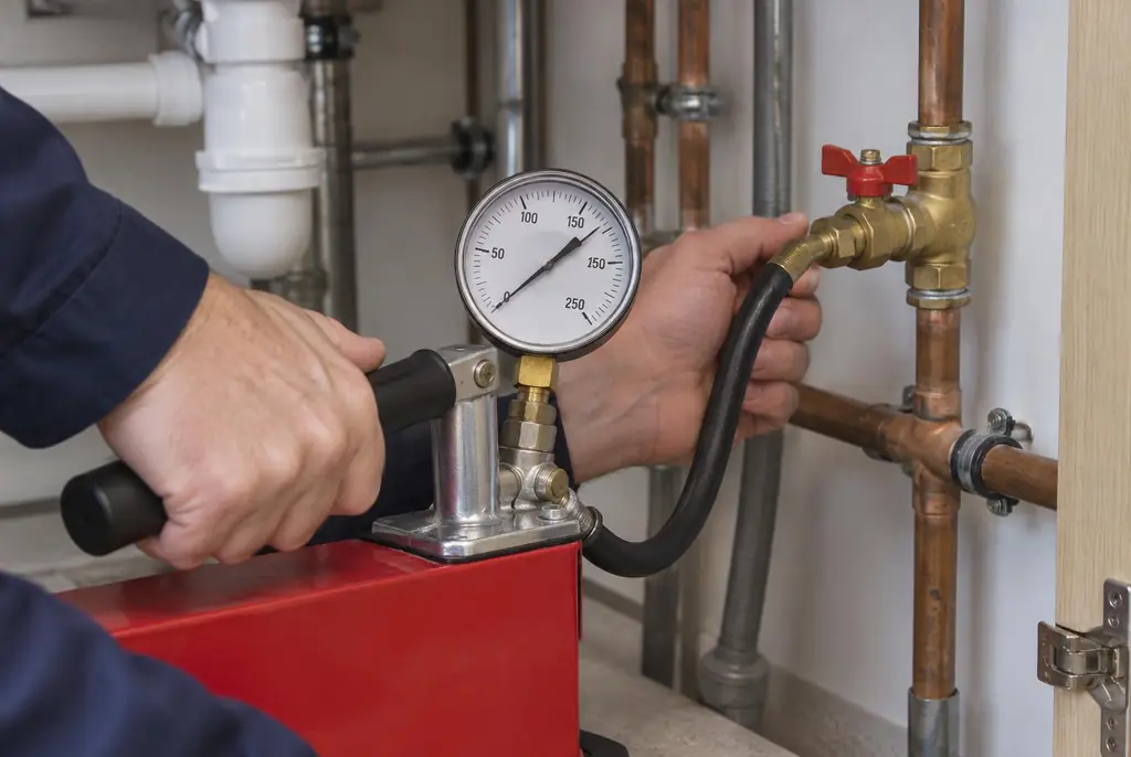 Lekdetectie Houten – druktest op een waterleiding met een manometer