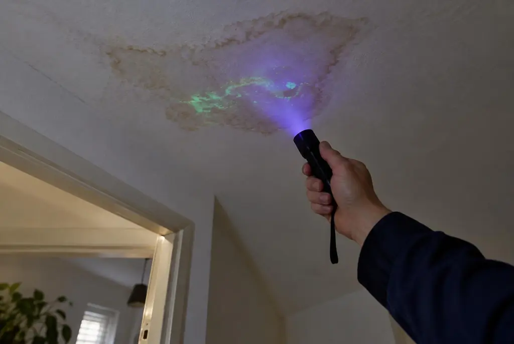 Lekdetectie Houten – kleurstof controleren op het plafond met uv-licht