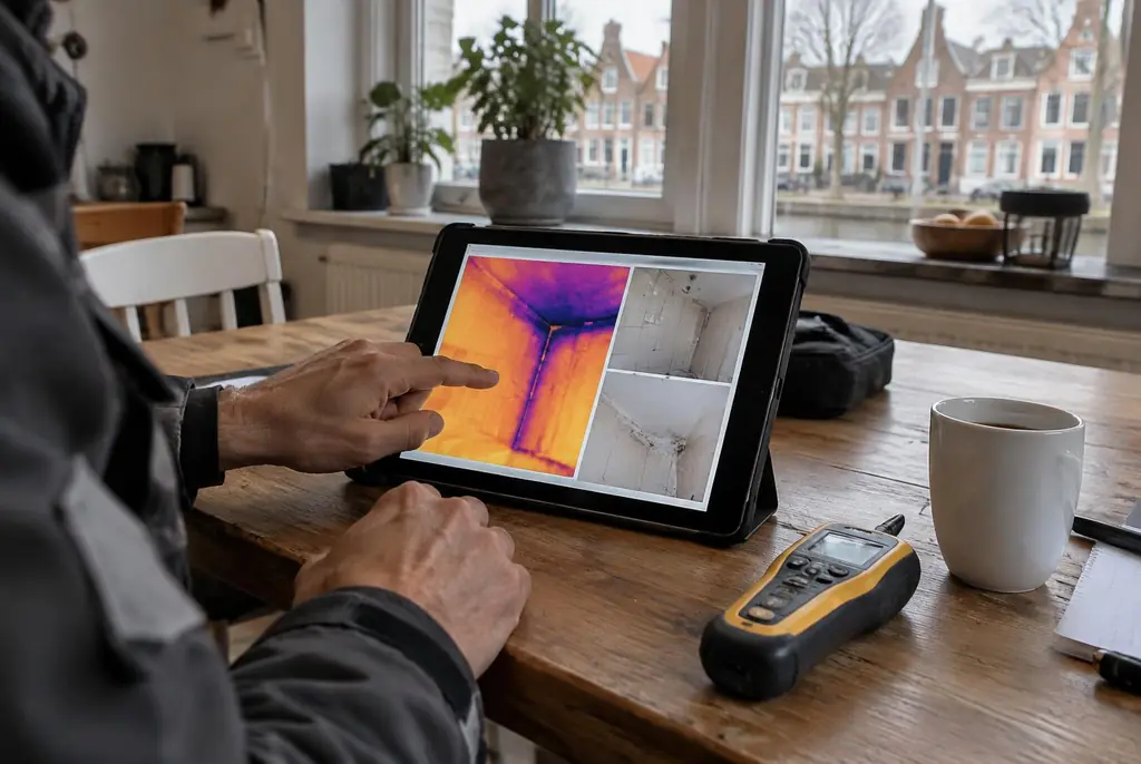 Lekdetectie Houten – lekdetectierapport met warmtebeelden en foto's op een tablet