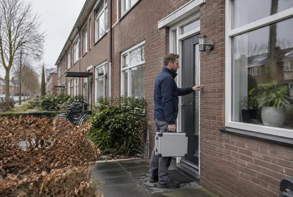 Lekdetectiespecialist met meetkoffer bij de voordeur van een woning in Houten