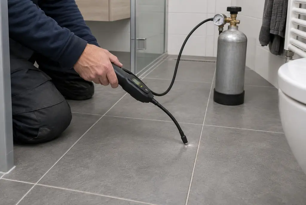 Lekdetectie Houten – technicus spoort met tracergas een lekkage op in de vloer