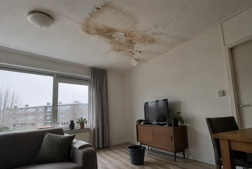 Lekdetectie Houten – vochtplek op het plafond onder een badkamer